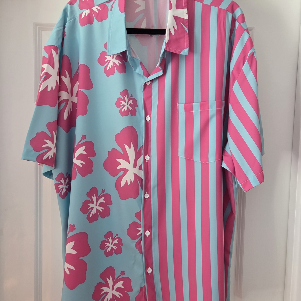 HARDADDY Mens 3XL Short Sleeve Button Up Shirt Blue Pink Hibiscus Stripes